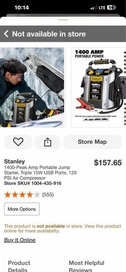 Stanley 1400-Peak Amp Portable Jump Starter, Triple 15W USB Ports, 120 PSI Air Compressor Store SKU# 1004-435-916