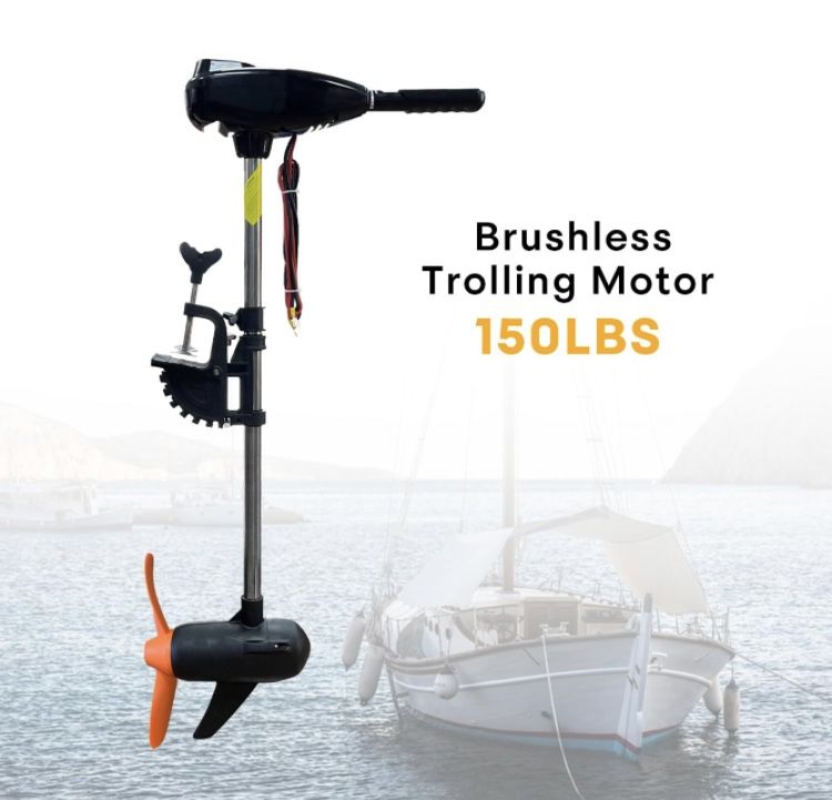 150 LBS Thrust Stepless Speed Electric Outboard Brushless Trolling Motor for Fishing Boats Saltwater Transom Mounted with Adjustable Handle, 24V 