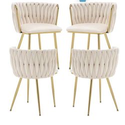 Velvet Dining Chairs Set of 4 Upholstered Modern Dining Room Chairs with Woven Back and Gold Metal Legs for Living Room, Bedroom, Kitchen (Beige)
