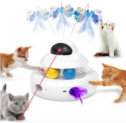 MOHAYA Cat Toys，4-in-1 Interactive Cat Toy for Indoor Cats with Laser, Fluttering Butterfly, Moving Feather and Track Balls - USB Rechargeable Self-Pl