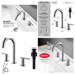 KENES Widespread Bathroom Faucet, Brushed Nickel 2 Handle 8 Inch Bathroom Sink Faucet, Bathroom Sink Faucet 3 Hole Lavatory Vanity Faucet with Pop Up 