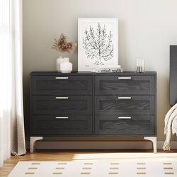 6 Drawer Wood Dresser 47.2" Wide, Large Chest of Drawers for Bedroom, Living Room, Hallway, Entryway, Modern TV Stand Drawer Organizer with Polished S