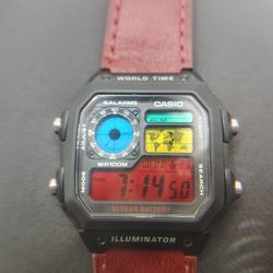 Casio Royale World Time 4 Color Stained Glass Leather Band W/ Deployment Clasp 