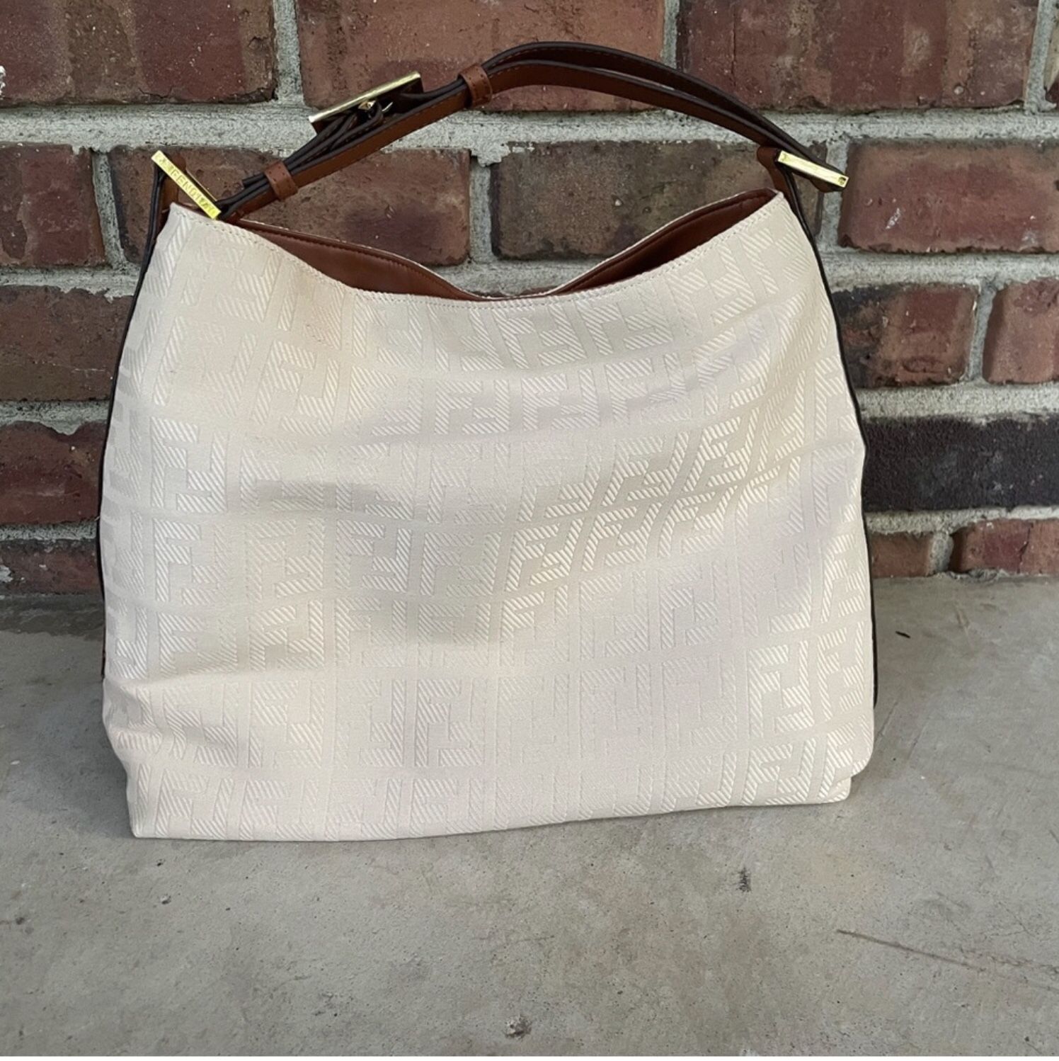 Authentic Fendi Cream Canvas Hobo Bag 