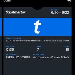 Metallica M72 World Tour 2 Day Tickets Levis