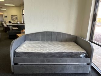 Gray Upholstered Daybed with Trundle and Mattress