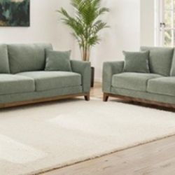 Brand New Olive Green Chenille Mid-Century Modern Style Sofa & Loveseat 