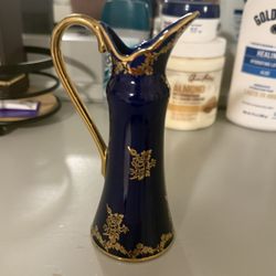 Vintage Portuguese Alcobaca Porcelain Mini Cobalt, Blue & Gold Pitcher