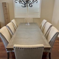 9pc Dining Table Set - Rustic Trestle Base Table With 6 Beige Linen Chairs With Studded Trim 