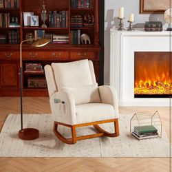 Rocking Chair, Nursery Glider Rocker Chair with Side Pockets & Lumbar Pillow, High-Back Modern Accent Rocking Chair Indoor for Living Room/Bedroom/Nur