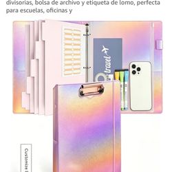 Carpeta de 3 anillos de 1 pulgada con portapapeles, diseño holográfico de purpurina rosa, incluye 5 páginas divisorias, bolsa de archivo y etiqueta de