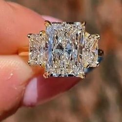 5ct Radiant cut Moissanite three Stone Engagement Ring Solid 14kt yellow Gold 