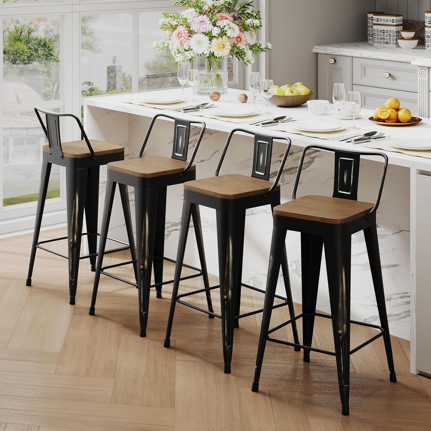 ndeworld Bar Stools Set of 4 Counter Height Stools Industrial Metal Barstools with Wooden Seats(24 Inch, Distressed Gold)