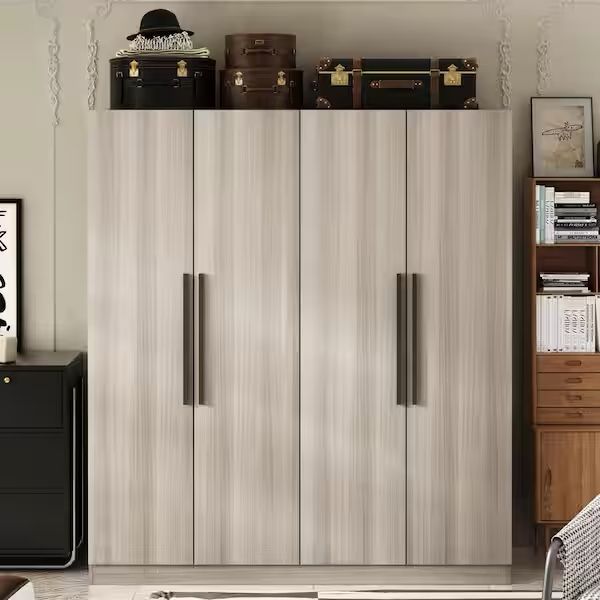 Gray Wood 63 in. W 4-Door Wardrobe Armoires with Hanging Rod and Storage Shelves (70.9 in. H x 19.7 in. D)