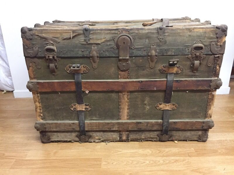Antique Henry Likly Flat Top Leather Strap Wooden Slat Steamer Trunk Chest
