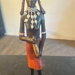 VINTAGE AFRICAN CARVED STATUE Masai TRIBAL ETHNIC WOODEN Woman 
