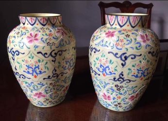 Bohemian/Moroccan Wells Hand Painted Enamel Tapestry/Hand Blown Opaque Milk Glass Vases
