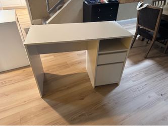 White desk with shelf and two drawers