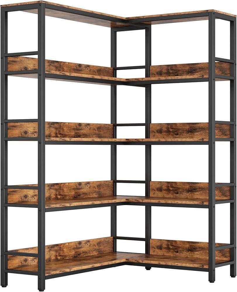 Industrial Bookshelves 5 Tiers Corner Bookcases with Baffles Etagere Shelf Storage Rack with Metal Frame(small damage)(new in box)