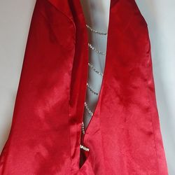 Cinderella Red Satin Rhinestone Plunging Neckline Formal Gown Dress Train Slit