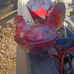 1970, Vintage Amber Red Hen 10 Inches Top And Bottom 