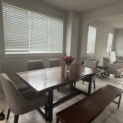 Macy’s live edge dining set - table, bench, chairs