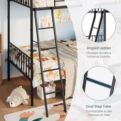 C158 $145 Convertible Twin Over Twin Bunk Bed,CPC Certified,Black Victorian Iron-Art Headboard and Footboard,Space-Saving Metal Bunk Bed with Guardra