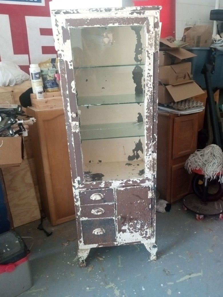 Antique Medical Industrial Metal Display Cabinet