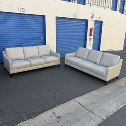 Set of 2 Cream 3-Seat Concise Leather Sofas – Like New!