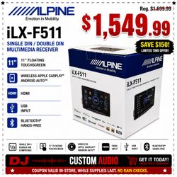 Alpine Single Din Or Double Din 11 Inch Floating Touchscreen Stereo Wireless Apple Carplay Android Auto Bluetooth HDMI ILX-F511 🚨 Payment Options Ava