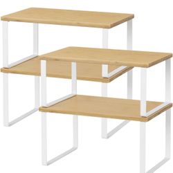 Bamboo Kitchen Cabinet and Counter Shelf Organizer, Stackable & Expandable, Set of 4, White and Natural 