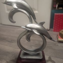 Herco Figurines Dolphins Sculpture Statue with Wooden Base Silver Tone  11”