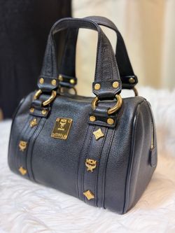 MCM Black Pebbled Leather Boston Handbag