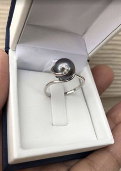 925 sterling silver Tahitian pearl and diamond ring size 6