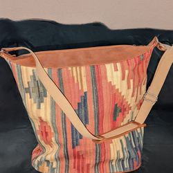 Tapestry Multi-Colored Leather Lined, Cotton Satchel/Hobo Bag, Aztec