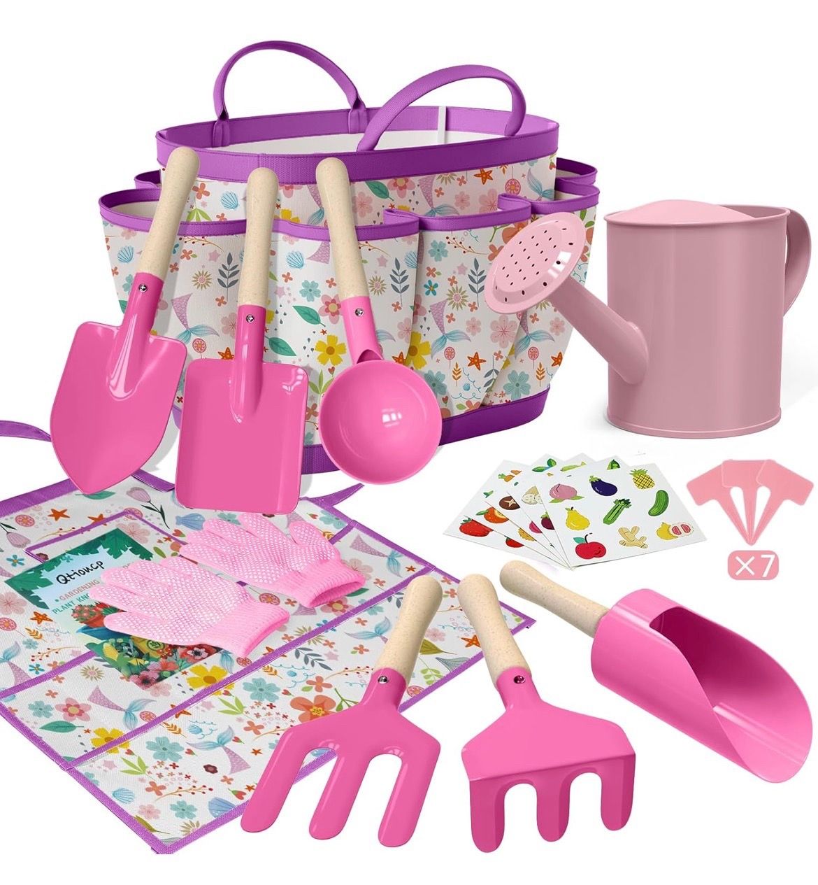 ๐ in ๐ฆ Kids Gardening tools Set14Pcs for Kids with Tote Bag,Watering Can,Shovel,Apron,Garden Book&More Educational STEM Learning Outdoor(Mermaid Ros
