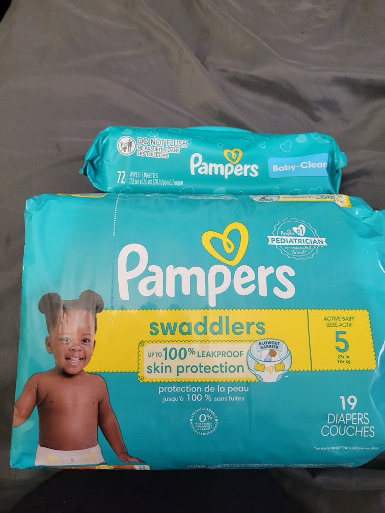 BAG OF PAMPERS SWADDLERS SIZE 5/19 DIAPERS & PACK OF PAMPERS WIPES (72 COUNT) FOR $12/$12 POR LOS 2