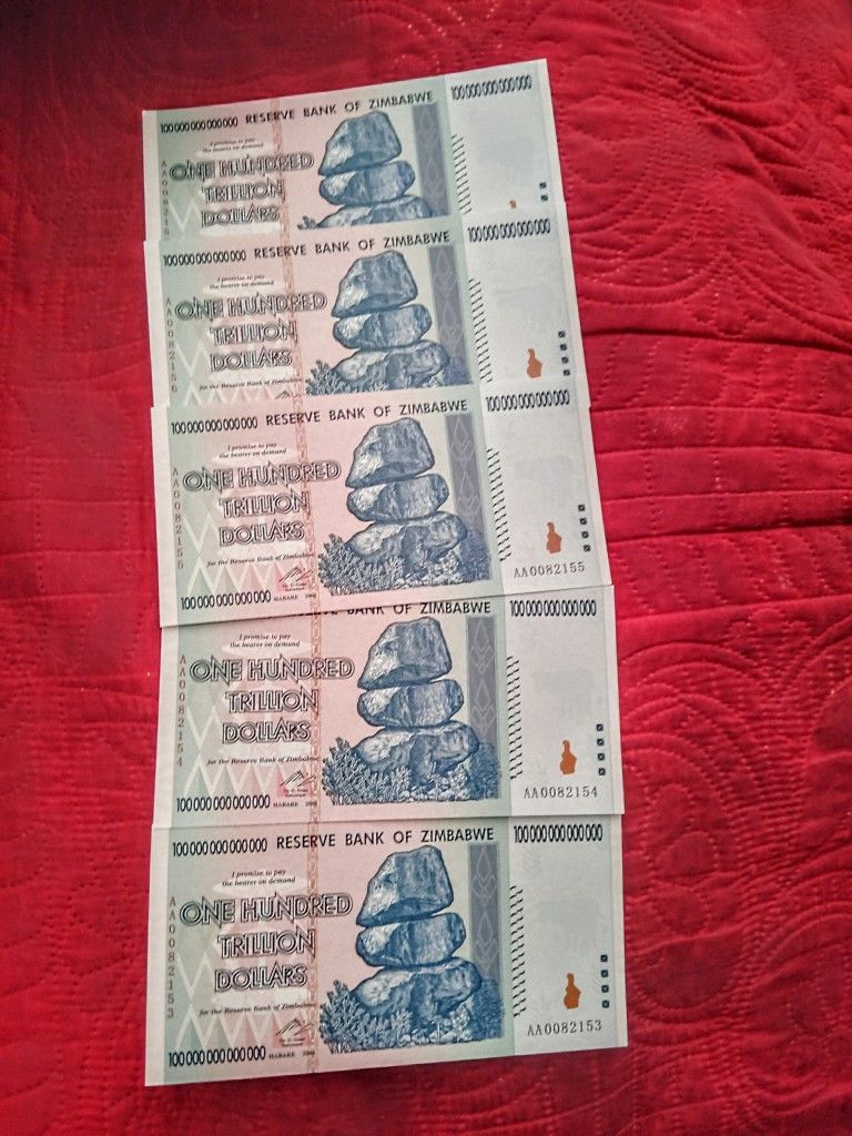 Lot Of 5 Zimbabwe 100 Trillion BANknotes UNCIRCULATED