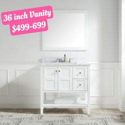 36 inch white single sink bathroom vanity with carrara white marble top