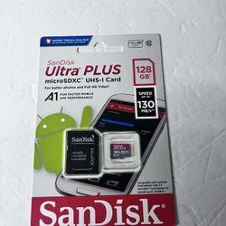 It's a 128GB SanDisk Ultra Plus microSDXC UHS-I memory card. 