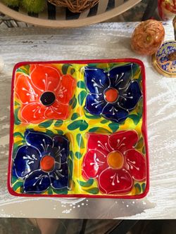 Vibrant Handmade Spanish Ceramic Tapas Floral Divided Serving Dish Square divided dish is handmade in Spain. This square dish has four separate comp