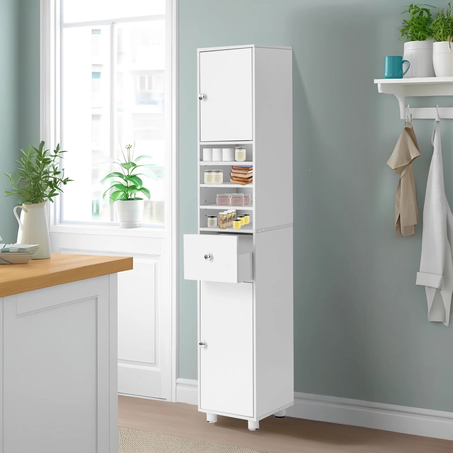 Homy Casa Jericho 63” Free Stand Bathroom Cabinet White Storage Tower 