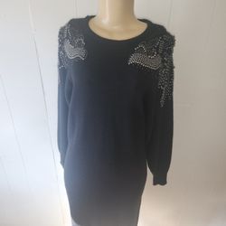 Vintage Raoul Black Sweater Dress With Beaded Shoulder Detal Long Sleeves.