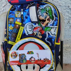 17” Super Mario Bros Backpack 4pcs Lunch Bag Lanyard Gadget Case Luigi Yoshi Set