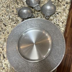 Pewter Antique Hanging Platter and 3 Small Bowls All Marked on Backs