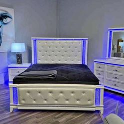 white leather bed with LED lights