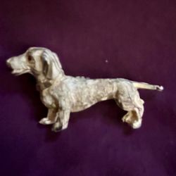 Vintage Dachshund Brooch Red Crystal Eye Textured Gold Tone