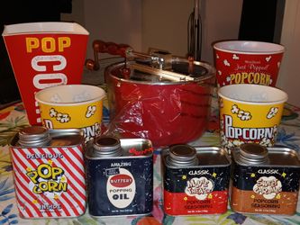 BRAND NEW, NEVER USED Whirley Pop Popcorn maker with Kernels, Oil, Toppings and 4 Popcorn Buckets