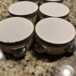 6 PCs Of Wood & Metal Tambourines, 4 Inches Round, Accented Trim