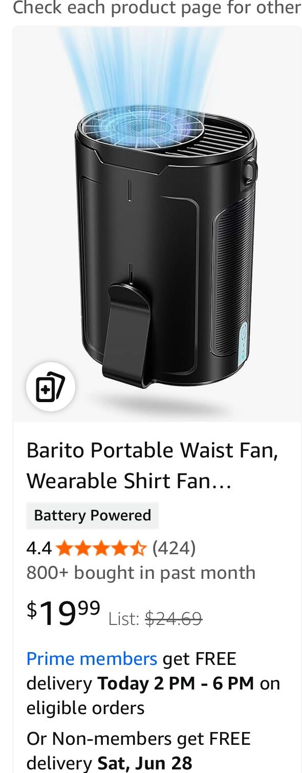 Portable Waist Fan, Wearable Shirt Fan Rechargeable with 25H Battery Life, 6600RPM Strong Wind, 4-in-1 Hands-Free Cool Clip Fan Under Shirt Quiet & P